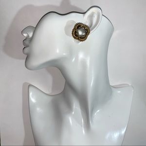 vintage CHANEL 14k gold plated faux pearl "Quilted" clip back EARRINGS